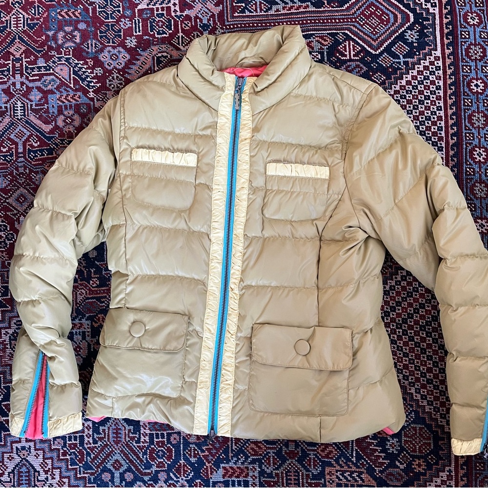 Eva Claudi 
Acidic Green Puffer Jacket with Colorful Accents